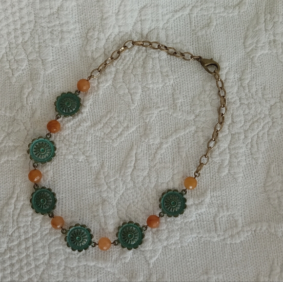 Handcrafted Green Verdigris Medallion Necklace Orange Carnelian Gemstone Beads - Picture 6 of 6
